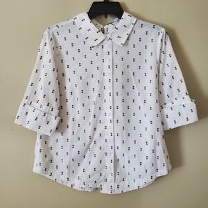 Derek Lam 10 Crosby Tie Button White Bee Pattern Blouse Size 6 Cotton Poplin